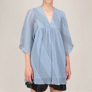 GANNI Blue Striped Pleated Georgette Tunic Top